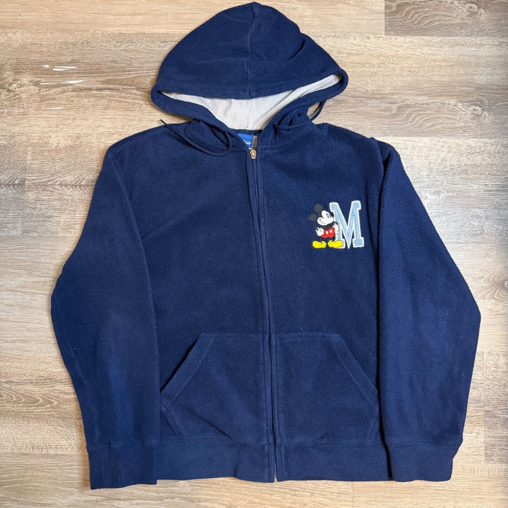Disney Mickey Mouse Navy Blue Fleece Full Zip Hoodie Small Varsity Back Graphic